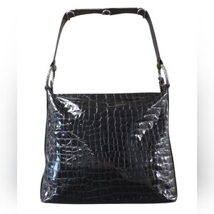 Vintage Brighton Black Patent Croc-Embossed Leather Hobo Bag